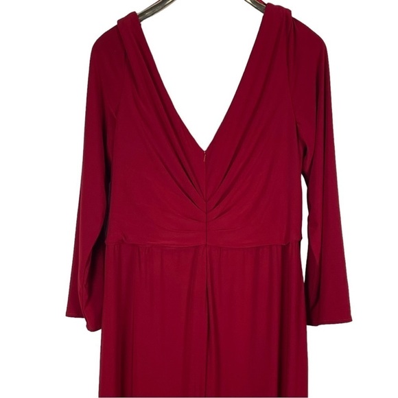 LA FEMME 29044 RED LONG SLEEVE STRETCH FAUX WRAP SURPLICE THIGH HIGH SLIT GOWN - Picture 7 of 14